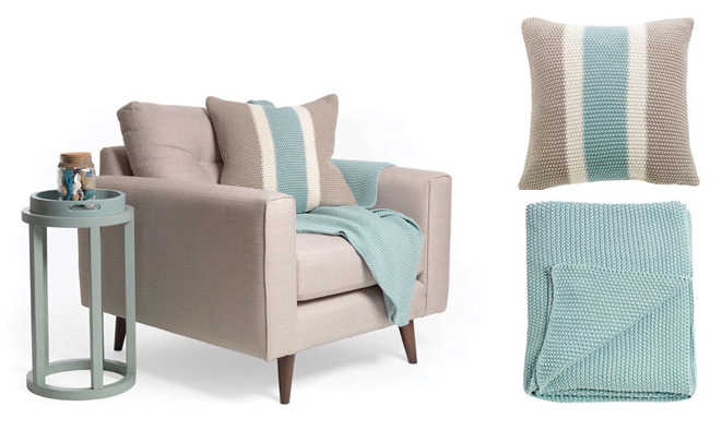 Moss Stripe Cushion Spa Blue 50X50cm €39.95. Moss Stitch Spa Blue Throw 125X150cm €69.95.