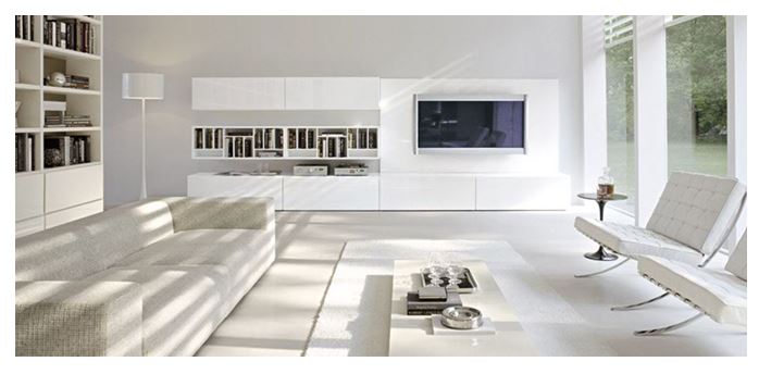 Clean , sleek, contemporary living space.