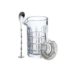 World Cocktail Day Glass Cocktail Jug for mixing cocktails with a stainless steel spoon and strainer