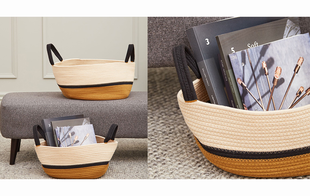 image of Cotton Rope Basket Empty and image of it full.