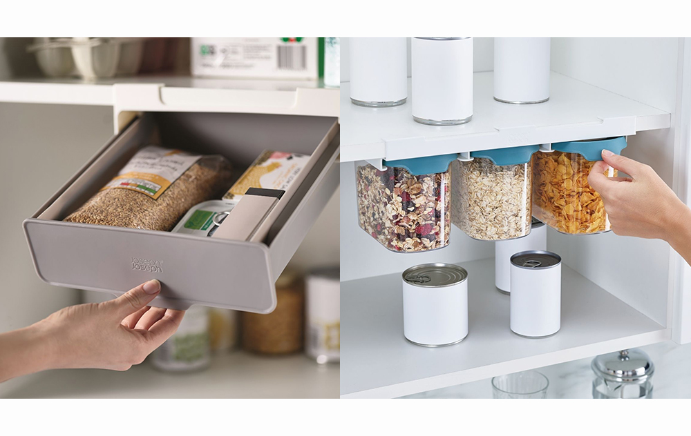 image of under shelf drawer connected to a shelf with a hand opening it. next to image of undershelf container set filled with various cereals connected to shelf.