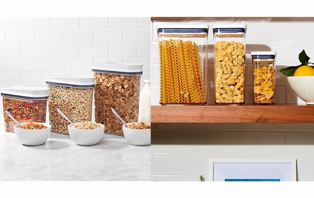 Image of OXO Good grips container ranhe, various sizes and shapes. Cereal containers behind bowls of cereal.