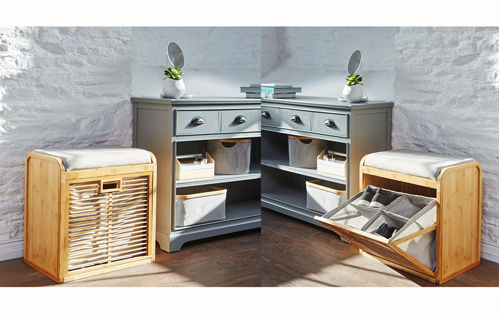 Image of hallway stool shoe storage in the sun. image of it open and image of it closed