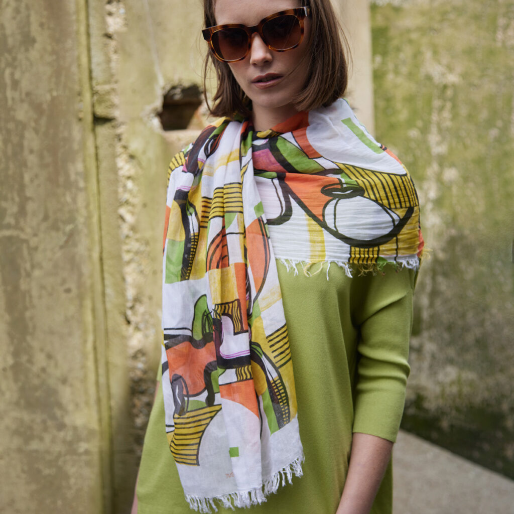 bamboo silk and tencel lightweight Picasso inspired scarf in green, white, orange and yellow
