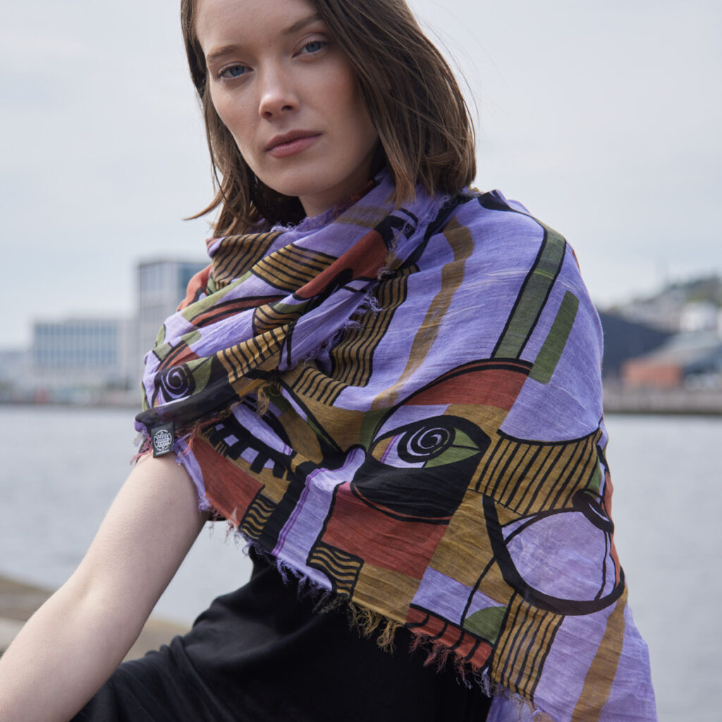 bamboo silk and tencel lightweight Picasso inspired scarf in green, purple, orange and yellow
