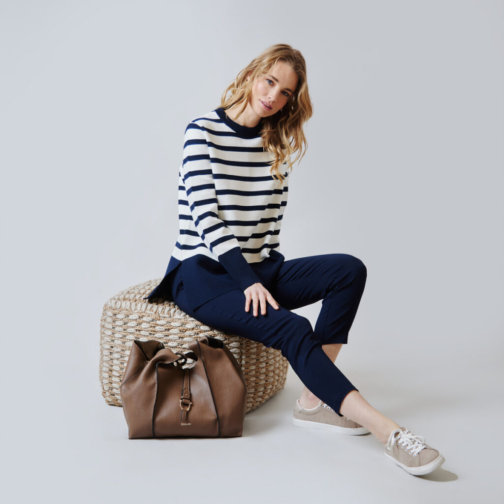 100% cotton navy and white striped crew neck jumper