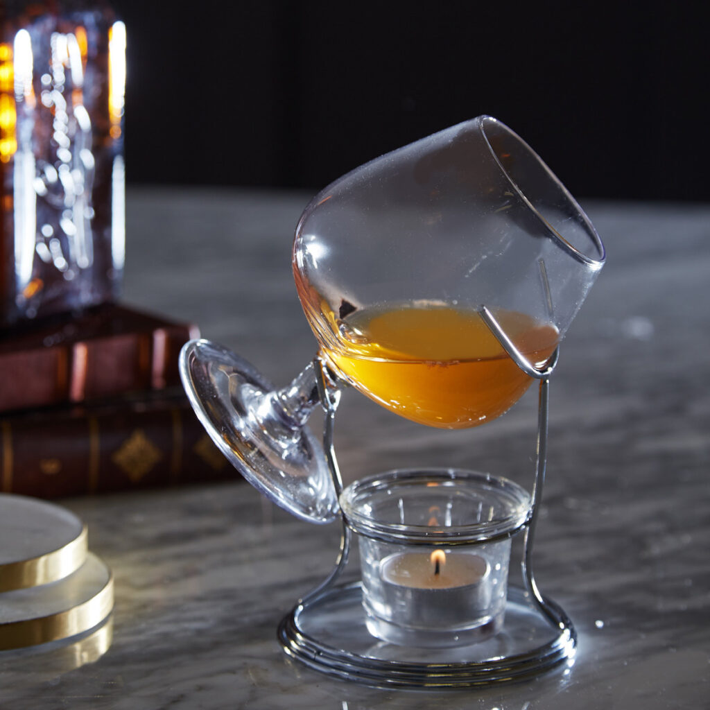 brandy warmer made from glass and includes a tealight. 
