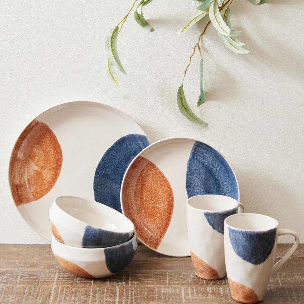 stoneware abstract dinnerware set in beige, orange and blue