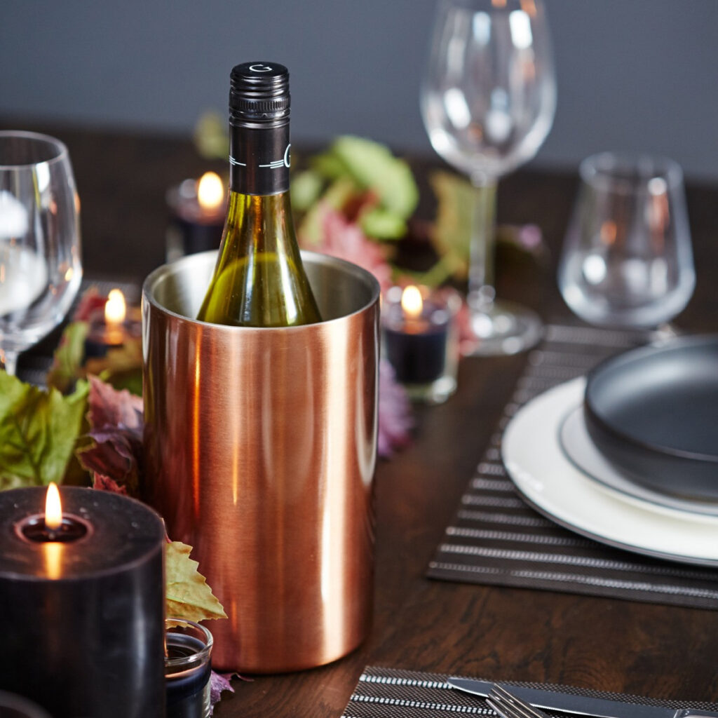 stainless steel double walled wine cooler with a copper finish
