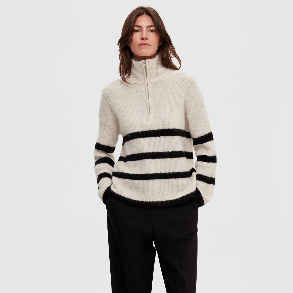 Maline Stripe Half Zip Wool Blend Jumper - Off White | Meadows u0026 Byrne