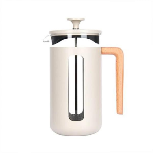 Close-up shot of a cream cafetiere on a grey background.