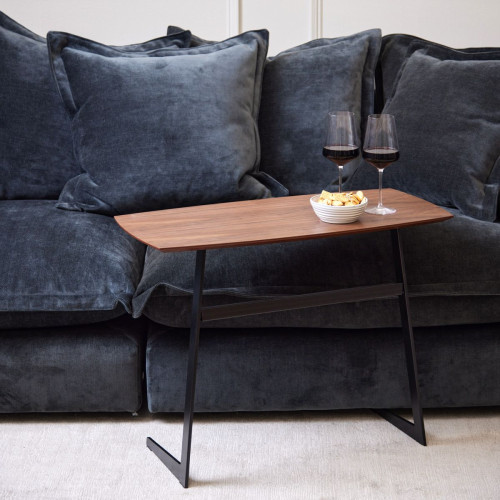 arthur large walnut veneer sofa table with weighted metal base 
