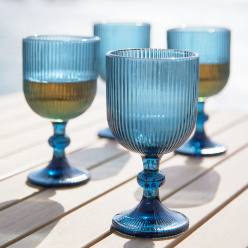 Riviera Blue Ribbed Red Wine Glass - Set Of 4