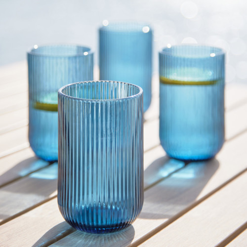 Riviera Blue Ribbed Long Drink - Set Of 4