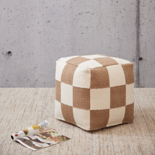 Natural & White Check Pouf