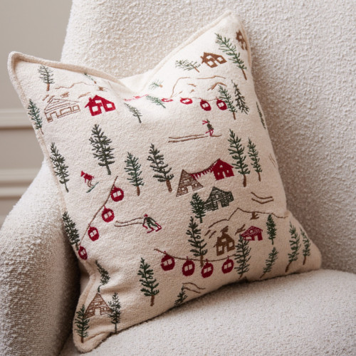 Boucle Ski Scene Embroidered Cushion