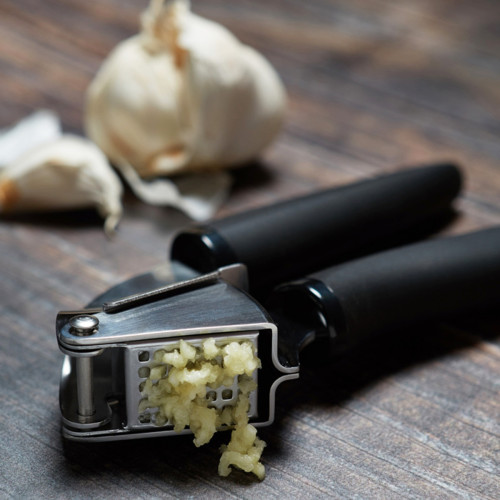 oxo good grips garlic press with stainless steel and rubber handles
