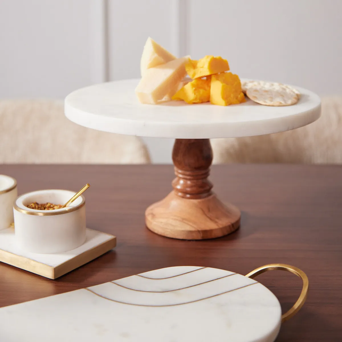 White Marble Cake Stand with Wooden Stand | Meadows & Byrne